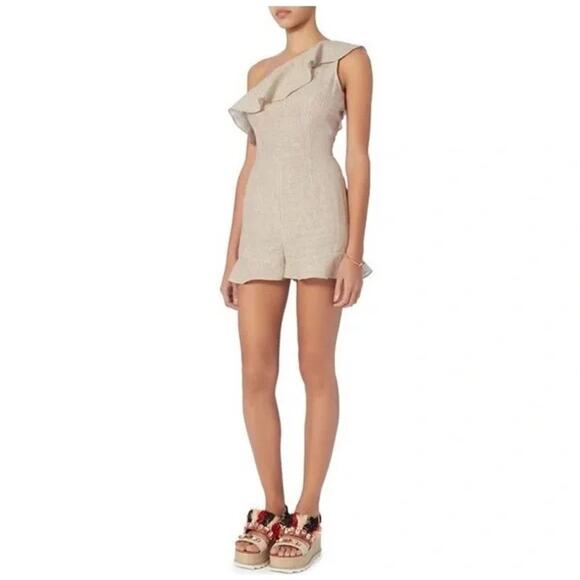 Intermix NWT Ossa Striped Linen One Shoulder Ruffle Romper Womens Size S Tan - Picture 2 of 13